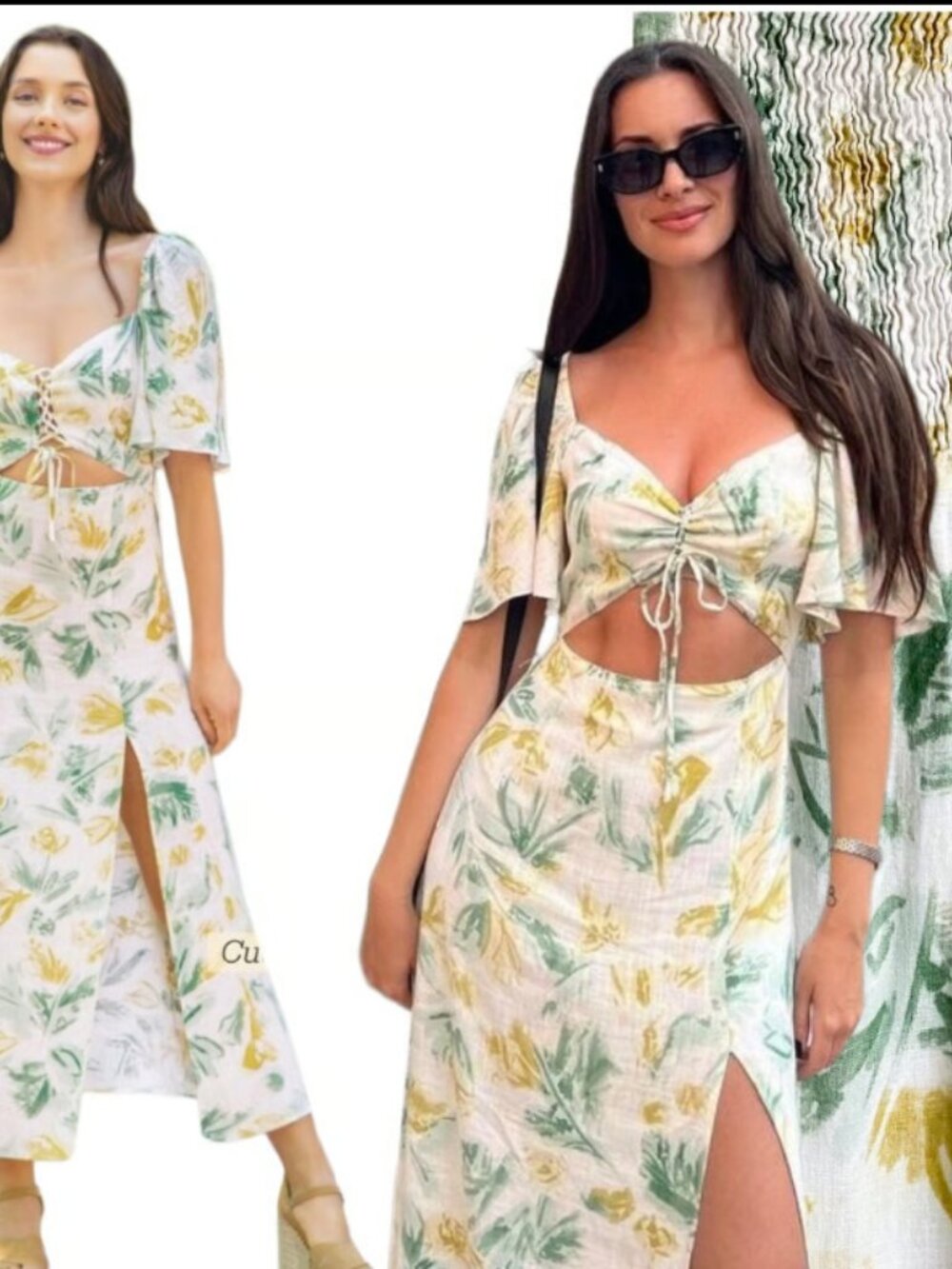 Floral Cutout Maxi Dress in Green & Yellow